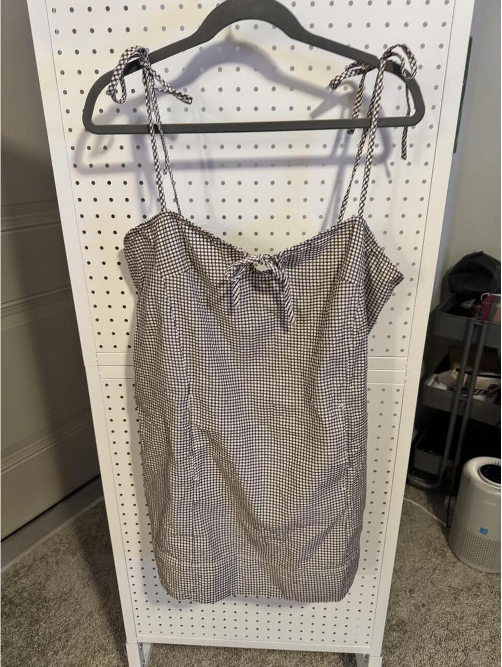 Free People Brown Gingham Tie Strap Mini Dress | Size XL